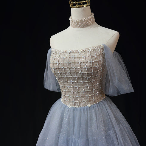Light Blue Tulle Ball Gown Wedding Dress - Off-Shoulder Wedding Dress - Beaded Corset Back Wedding Dress Plus Size
